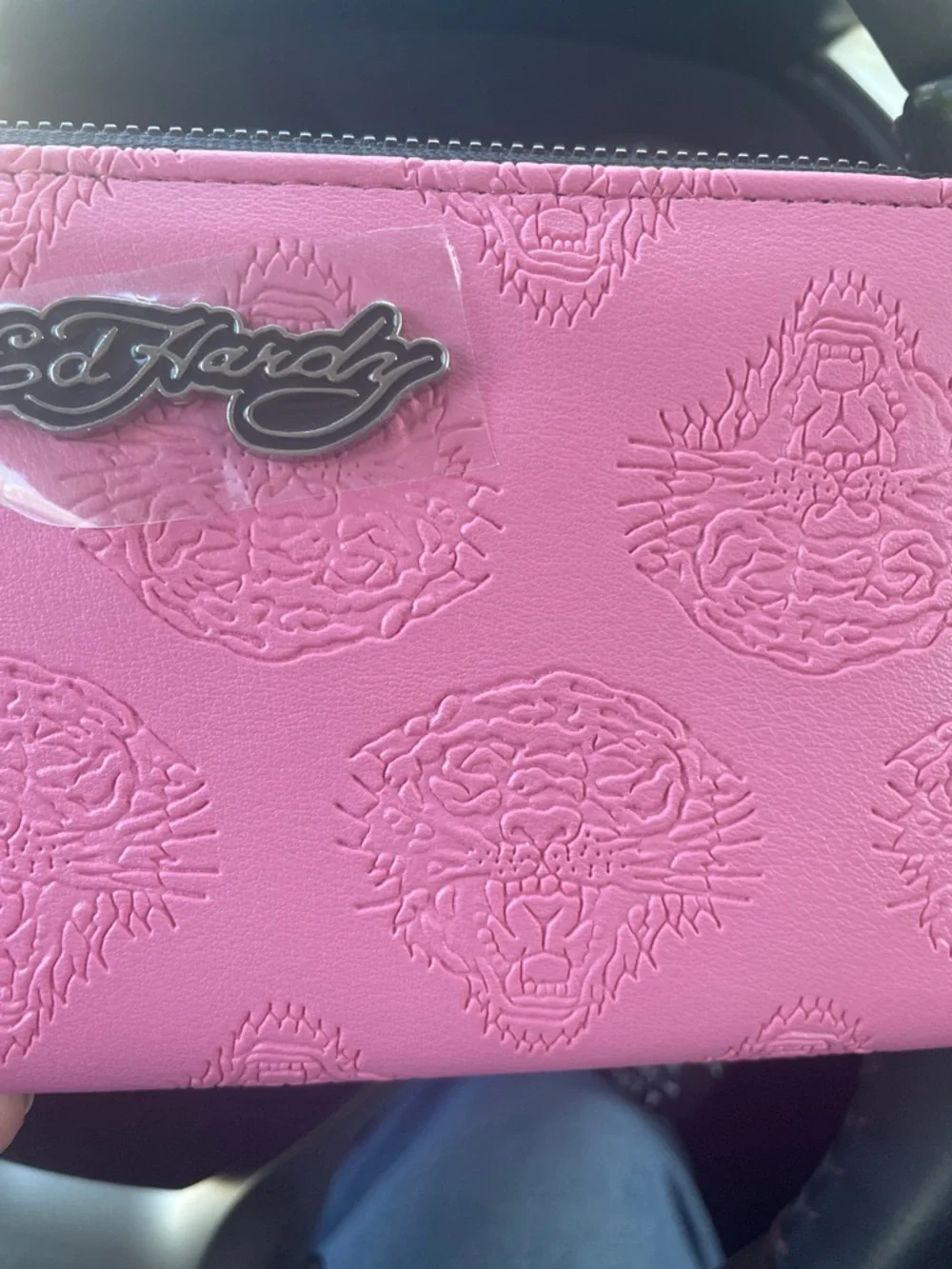 Ed Hardy Pink Embossed Zip Wallet with Wrist Strap - Picture 5 of 8